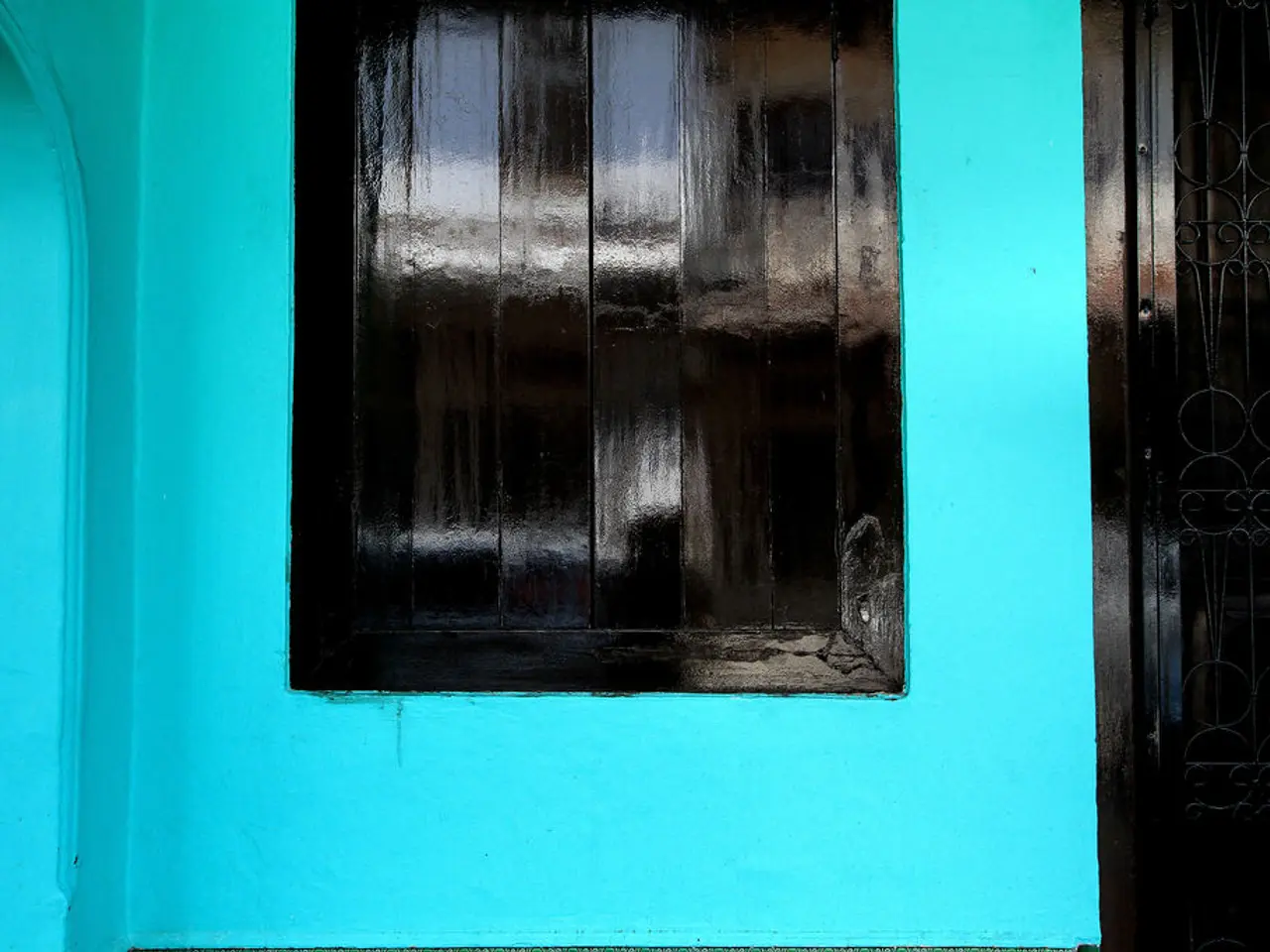 In this image I can see a blue color wall, window and a door. This image is taken during a day.