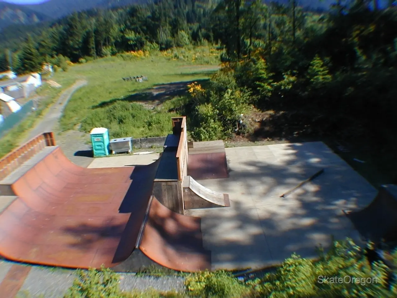 In this picture we can see skate track and boxes on the left side, we can see trees, grass, plants...