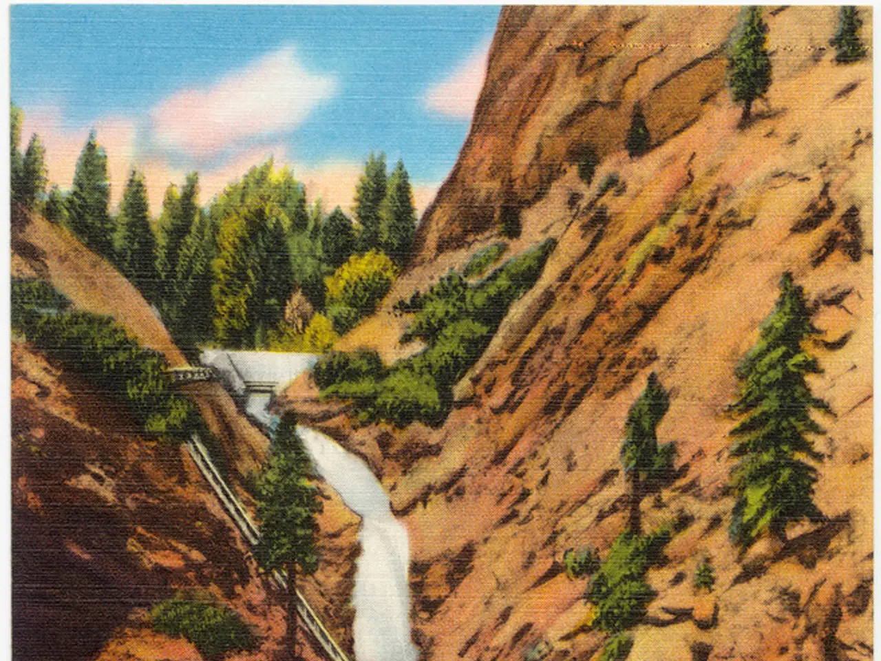 This is an animated picture. In this picture there are trees, hill, staircase and a waterfall.
