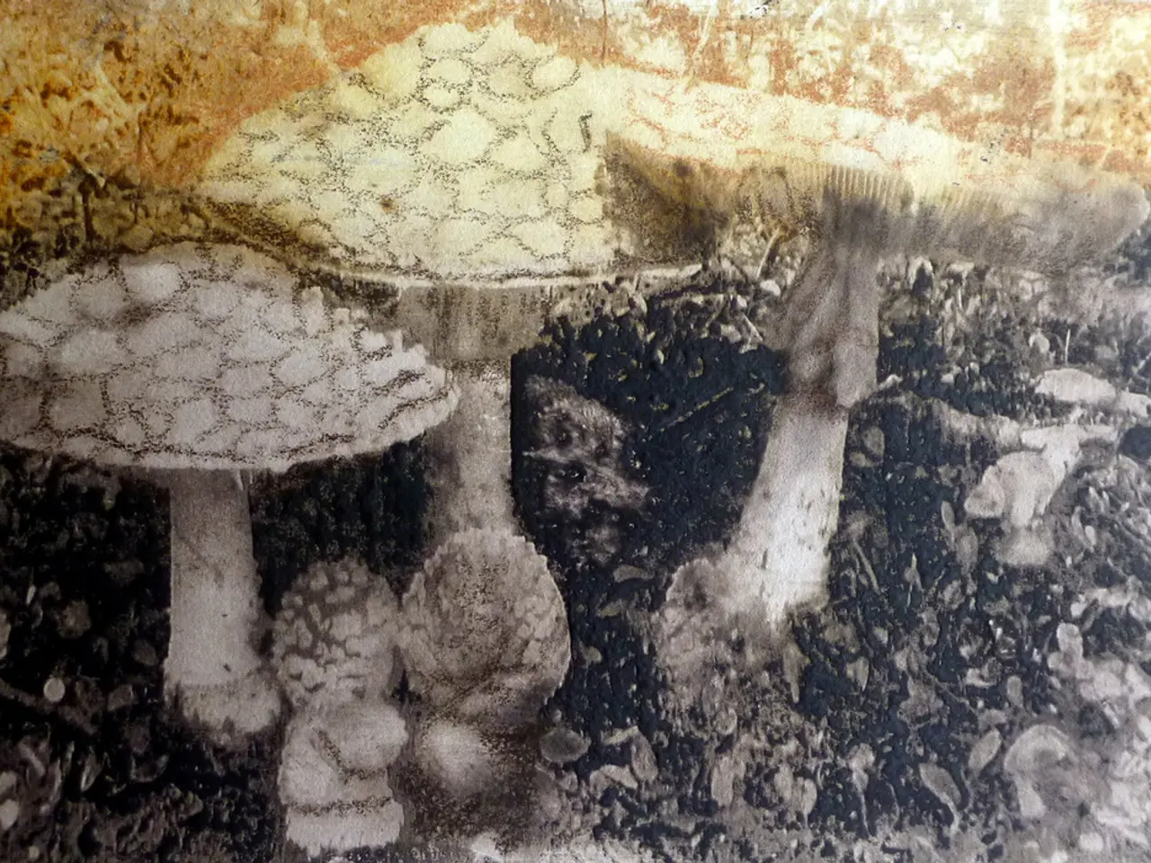 In the foreground of this edited image there are mushrooms.