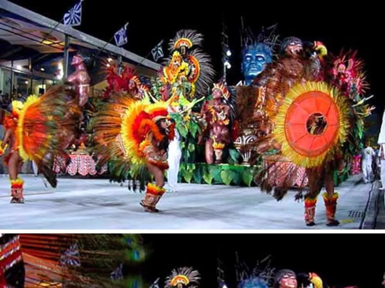 This is a collage picture of persons performing, statue and building.