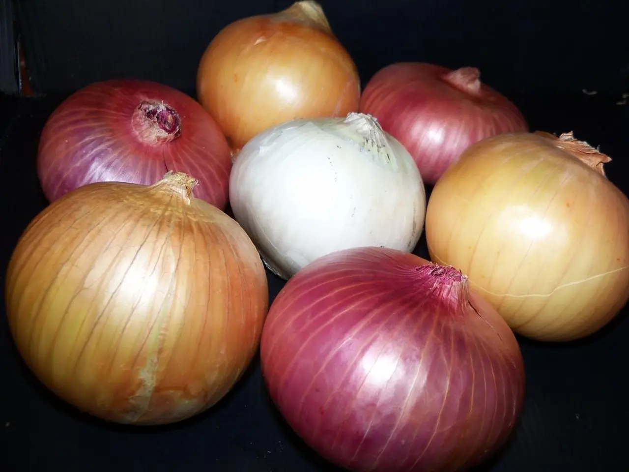 In this image, we can see few onions and garlic is placed on the black surface.
