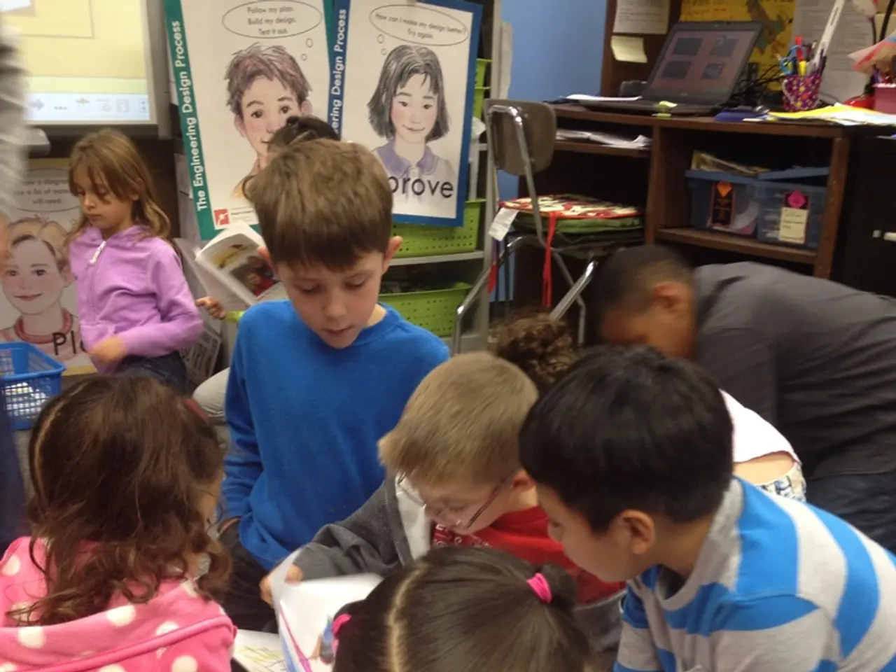 In this image we can see a group of children on the floor. In that some children are holding the...