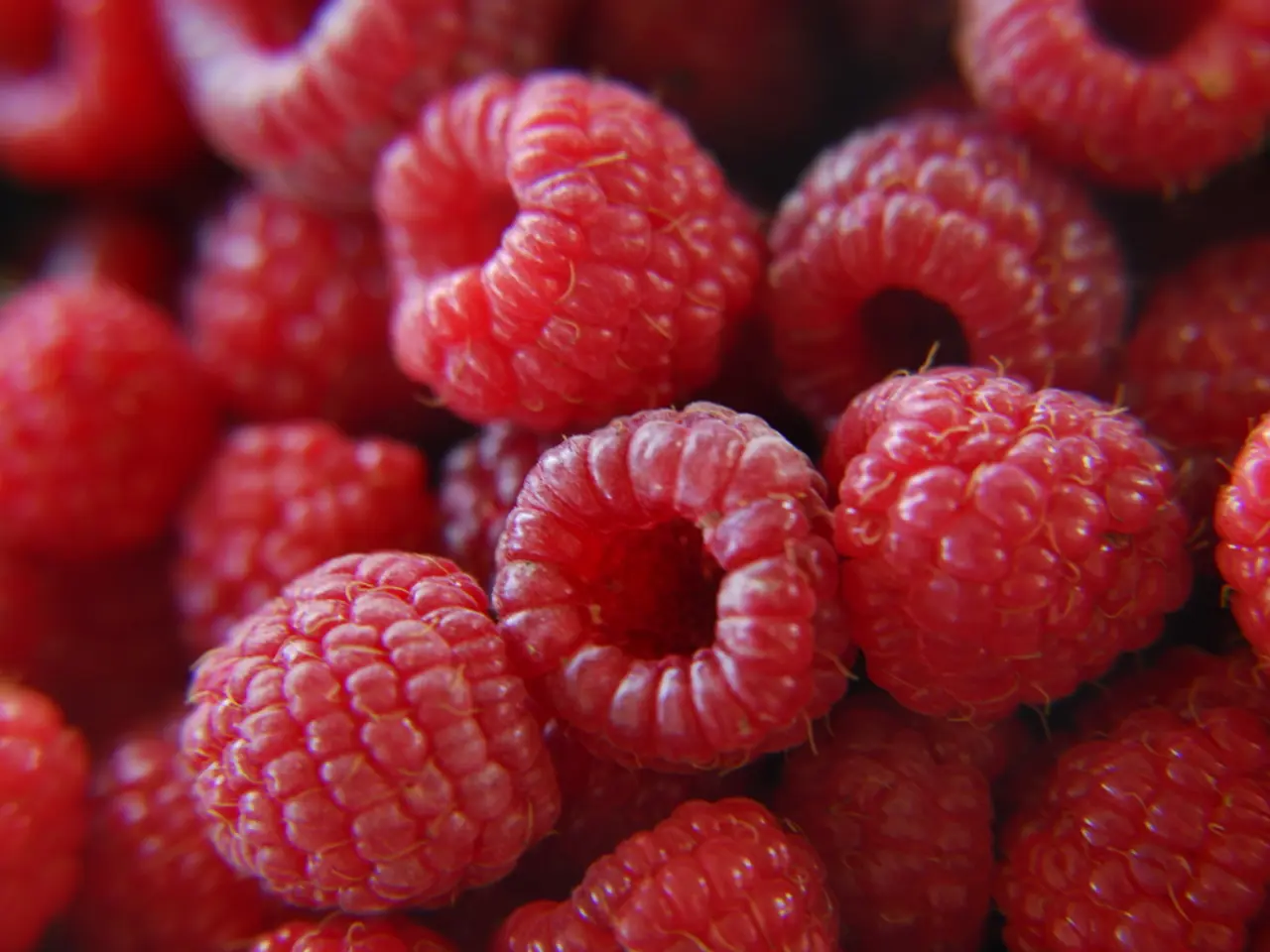 In this image we can see raspberries.