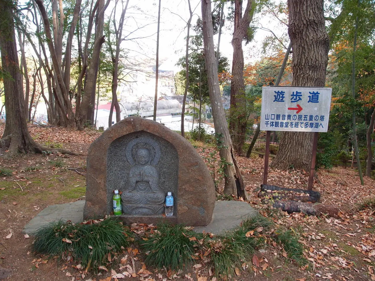 In this image there are two water bottles near the sculpture of a Buddha, and in the background...
