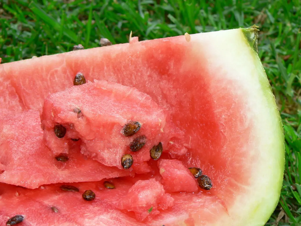 In this image we can see a watermelon on the grass.