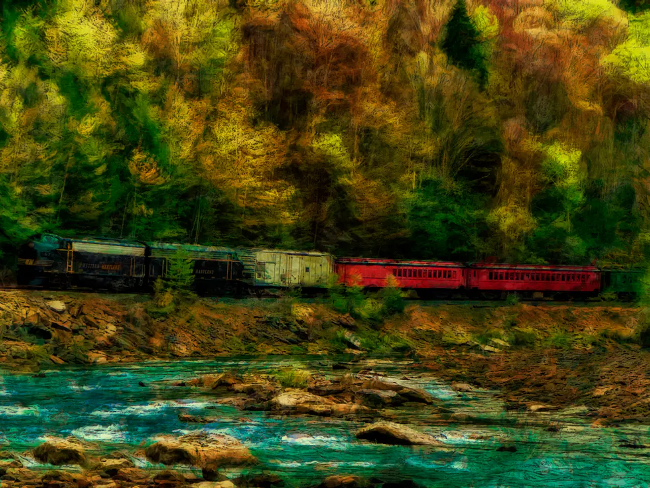 In this image, we can see some art of a train, some water with rocks. We can also see some trees.
