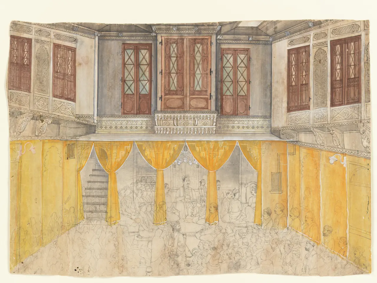 The image shows a drawing of a room with a lot of windows, doors, stairs, and curtains. The walls...