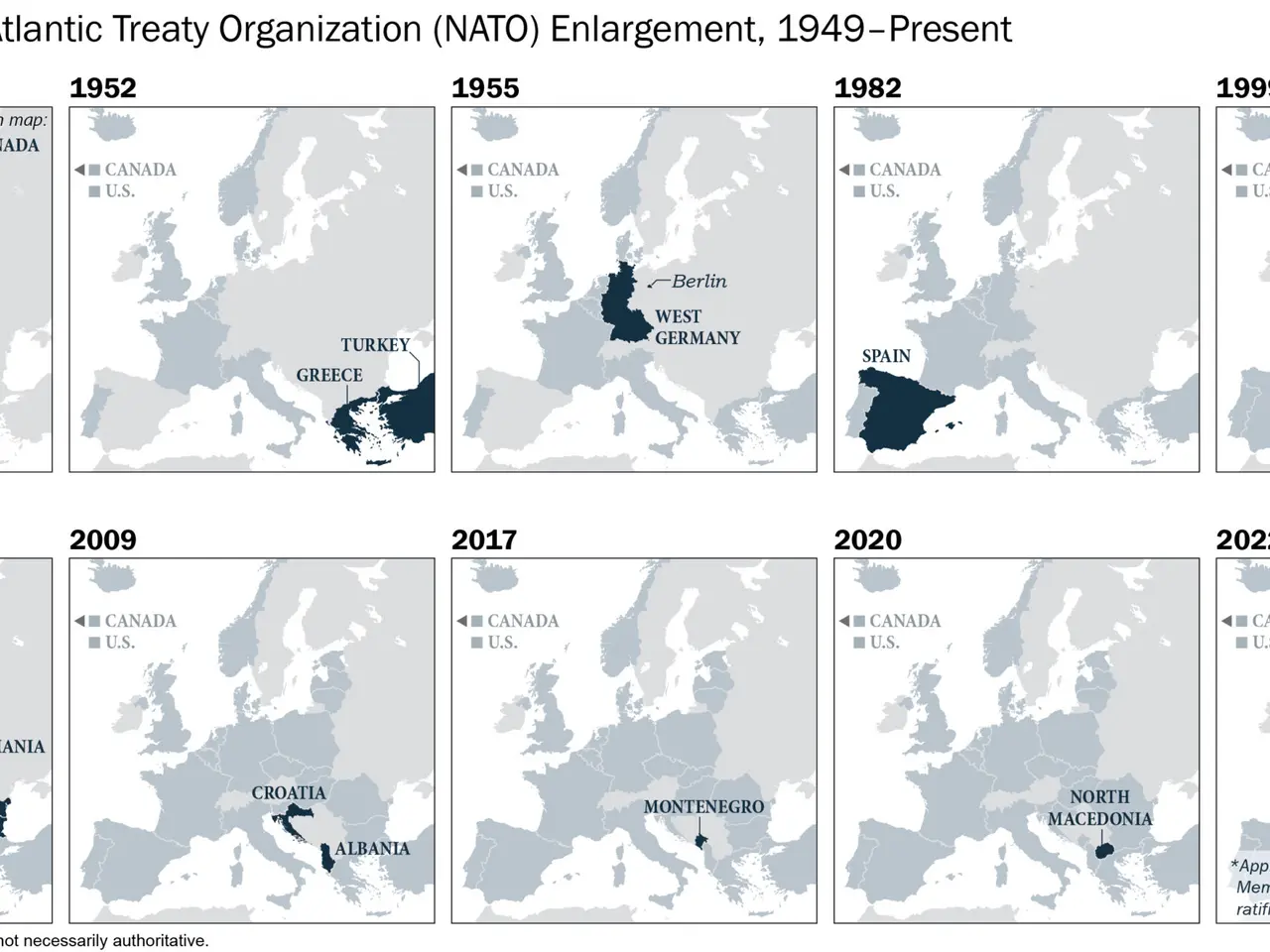 The image shows a map of the 73 years of the North Atlantic Treaty Organization (NATO) enlargement...