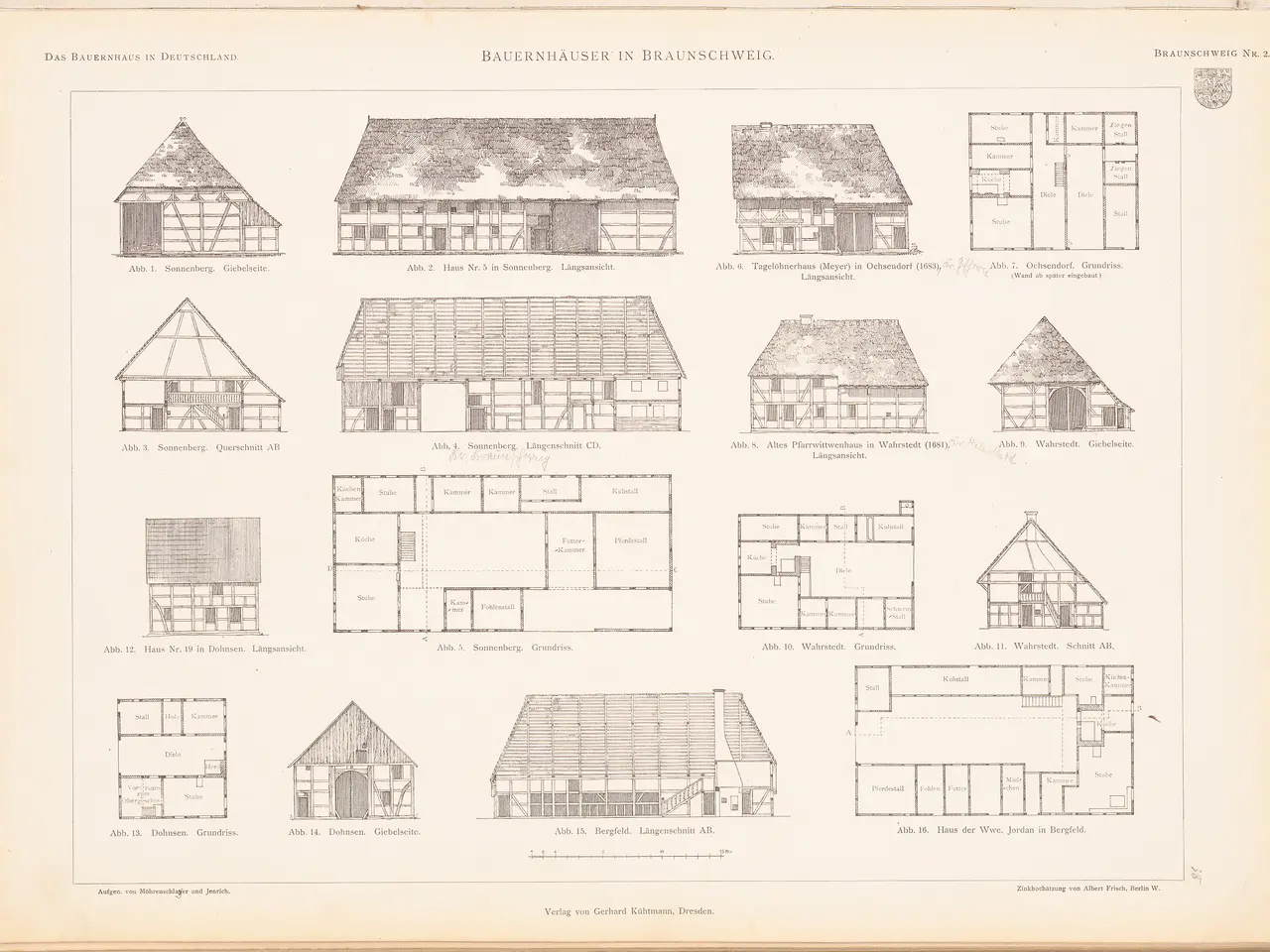 The image shows an old book with a drawing of various types of houses on it. The book is open to a...