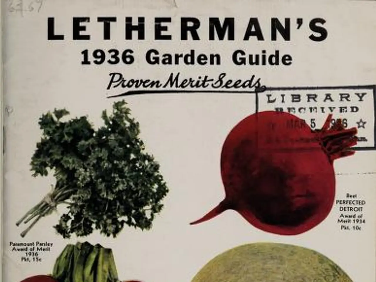 The image shows a book titled "Letherman's 1936 Garden Guide Proven Merit Seeds" with pictures of...