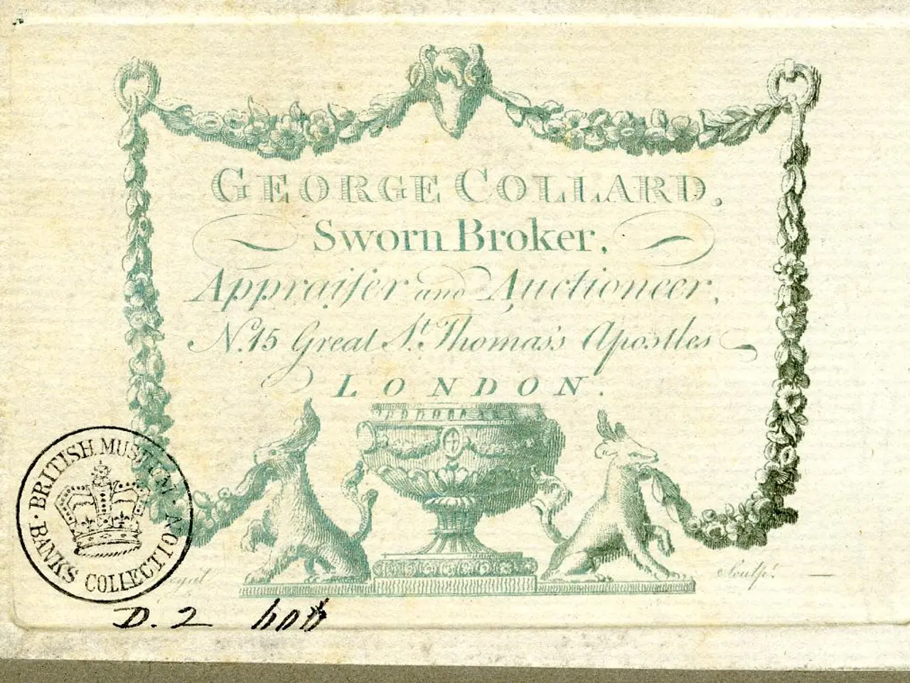 The image shows an old postcard with a picture of George Collard, a Sworn Broker, on it. The...