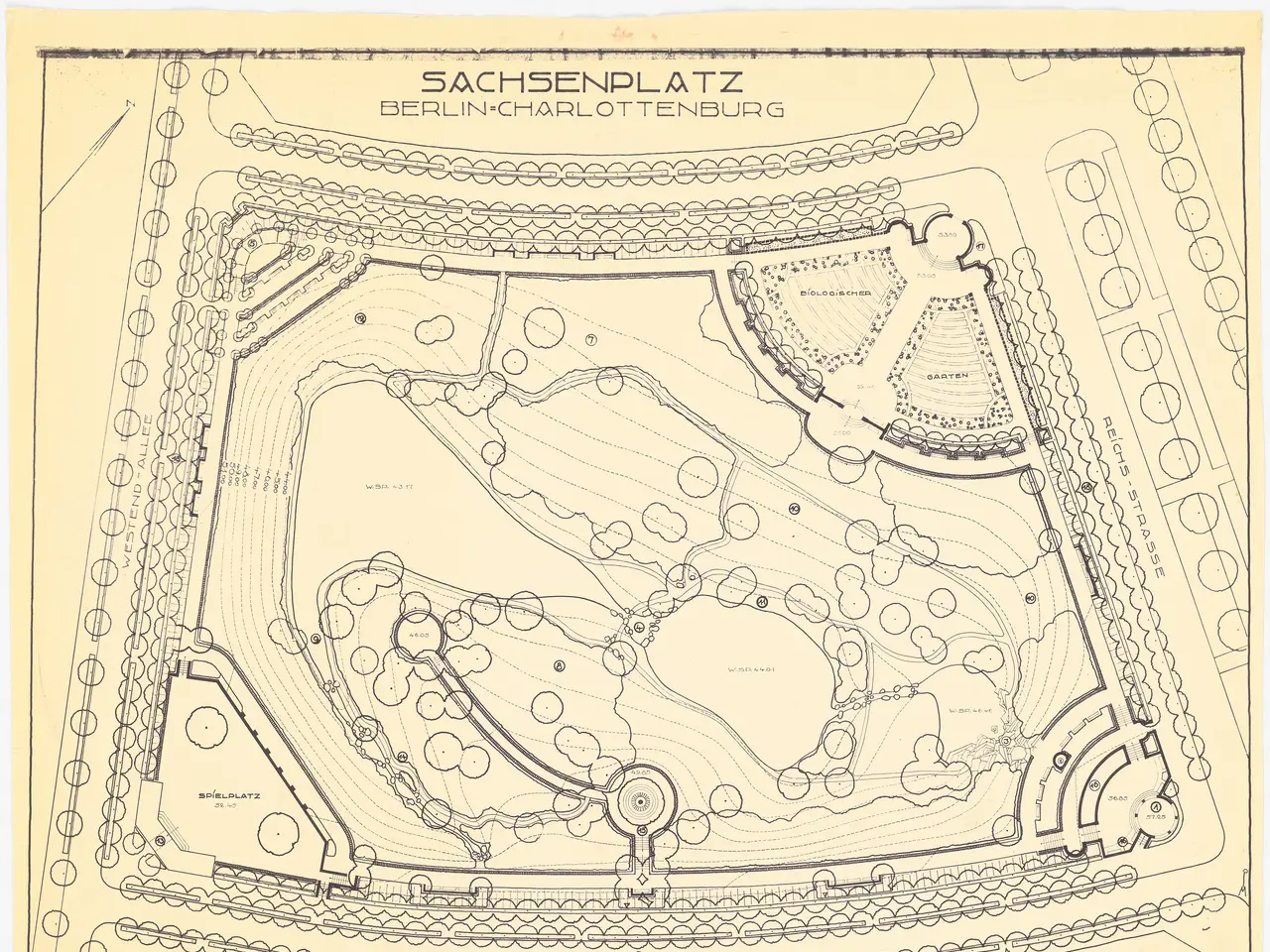 The image shows an old map of the city of Sachsenplatz in Berlin, Germany. It is a detailed plan of...