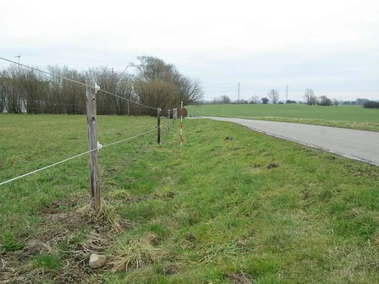 The image shows a grassy field with a fence in the middle of it, surrounded by trees and poles,...