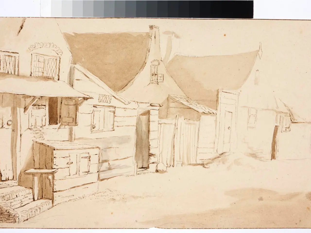 The image shows a drawing of a street scene with a house in the background, painted by Joseph...