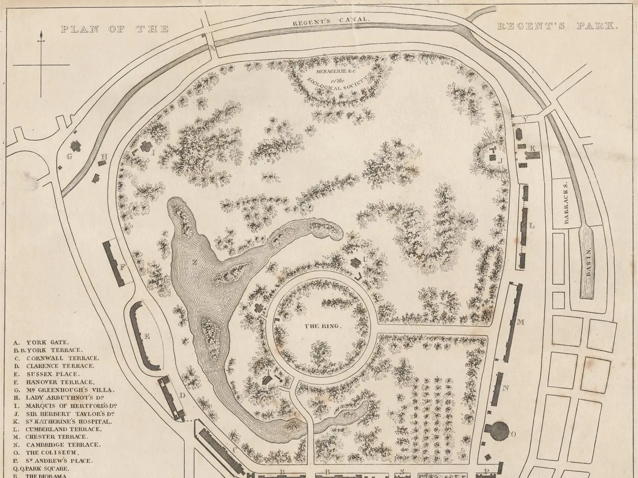 The image shows an old map of a park with a lot of trees and plants, as well as text written on the...