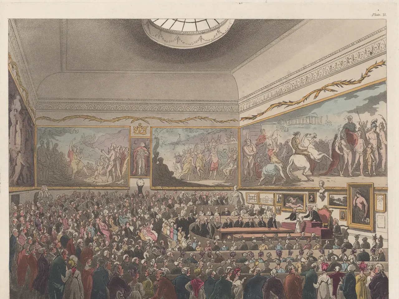 The image shows a large crowd of people in a room with paintings on the walls and a ceiling above...