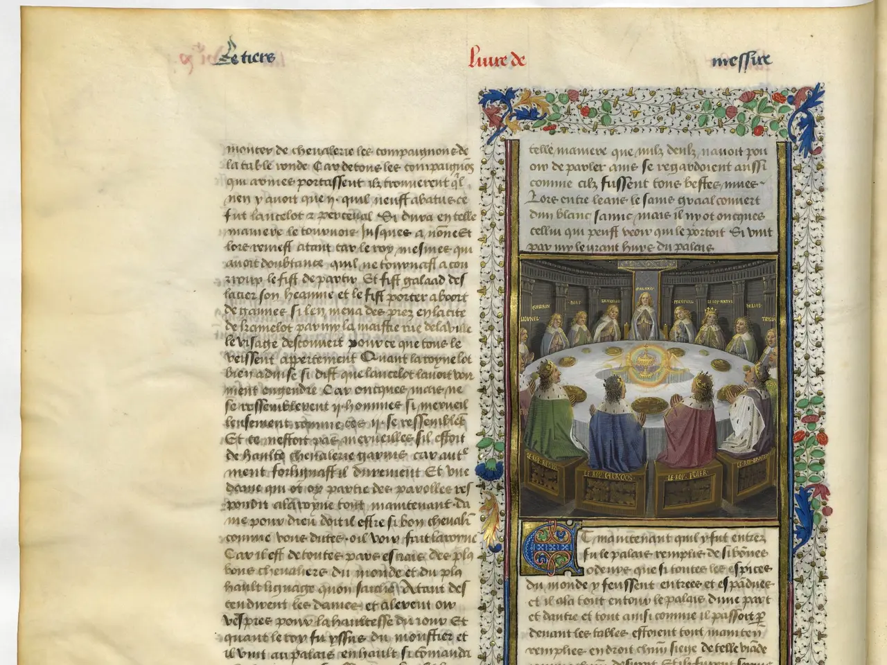 The image shows an open book with an illuminated manuscript featuring a picture of a group of...