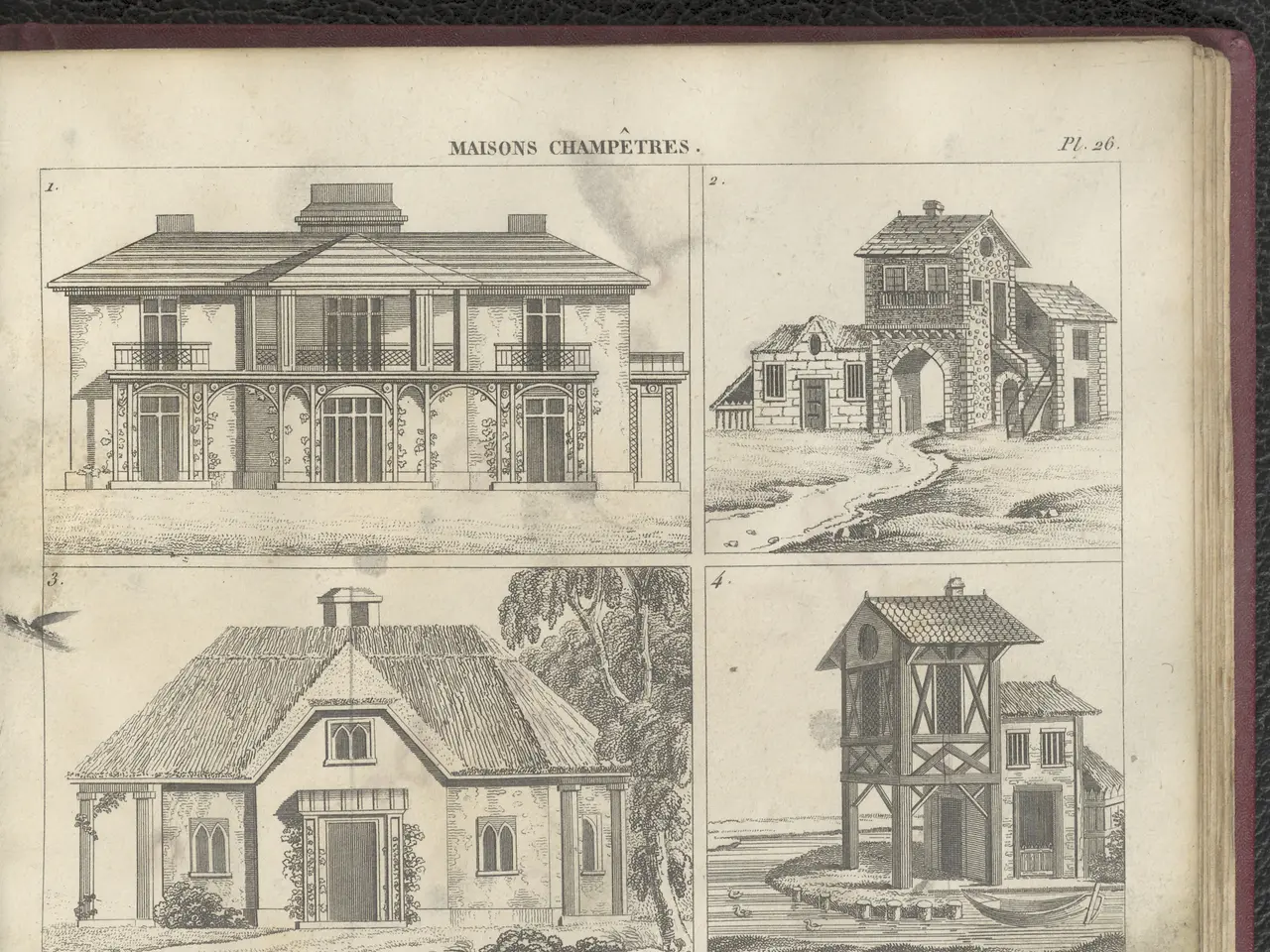 The image shows an open book with a drawing of four different types of houses, each with its own...