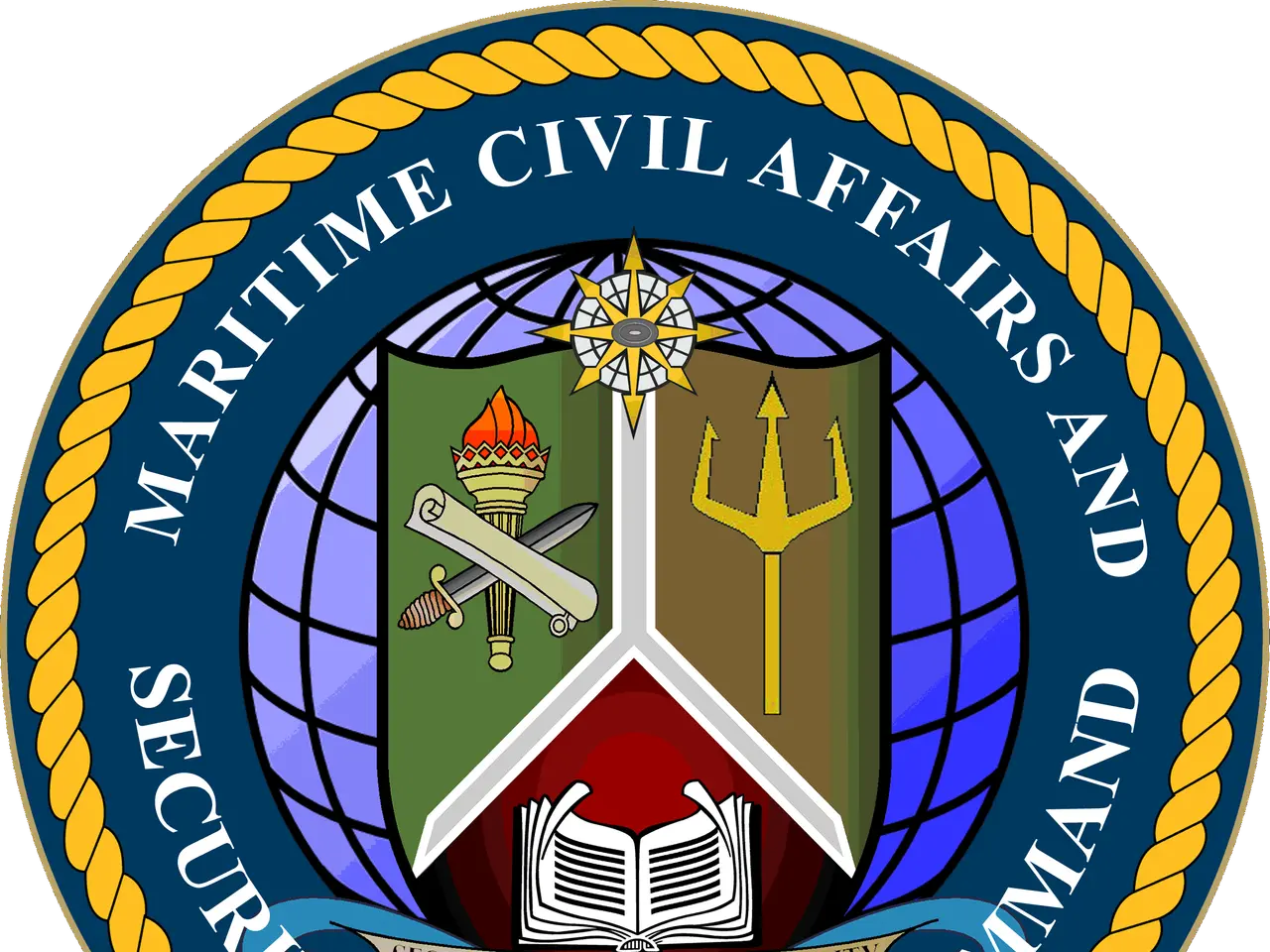 The image shows the logo of the Maritime Civil Affairs and Security Training Command, which...