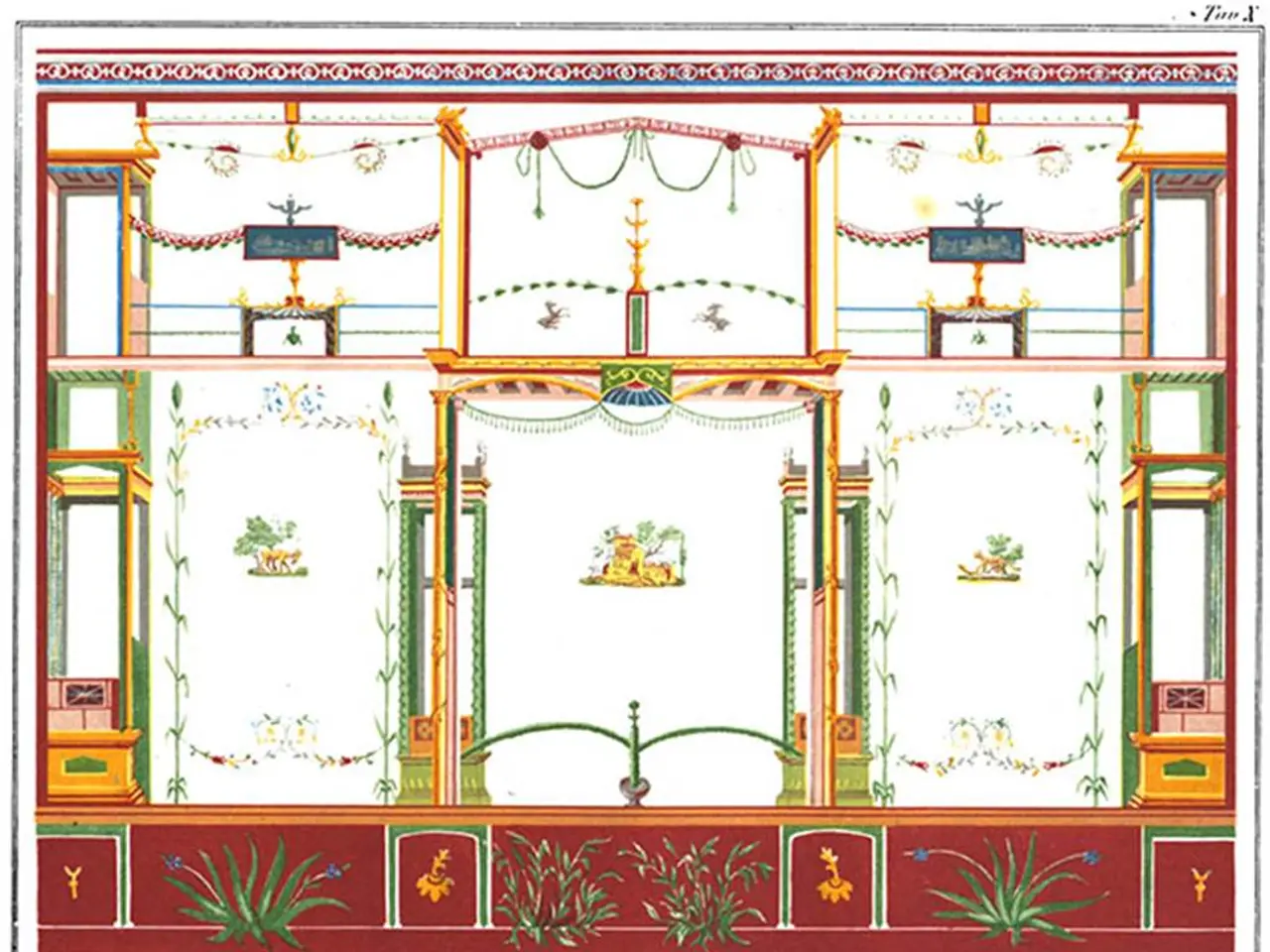 The image shows a drawing of a room with a lot of windows, decorated with intricate designs and...