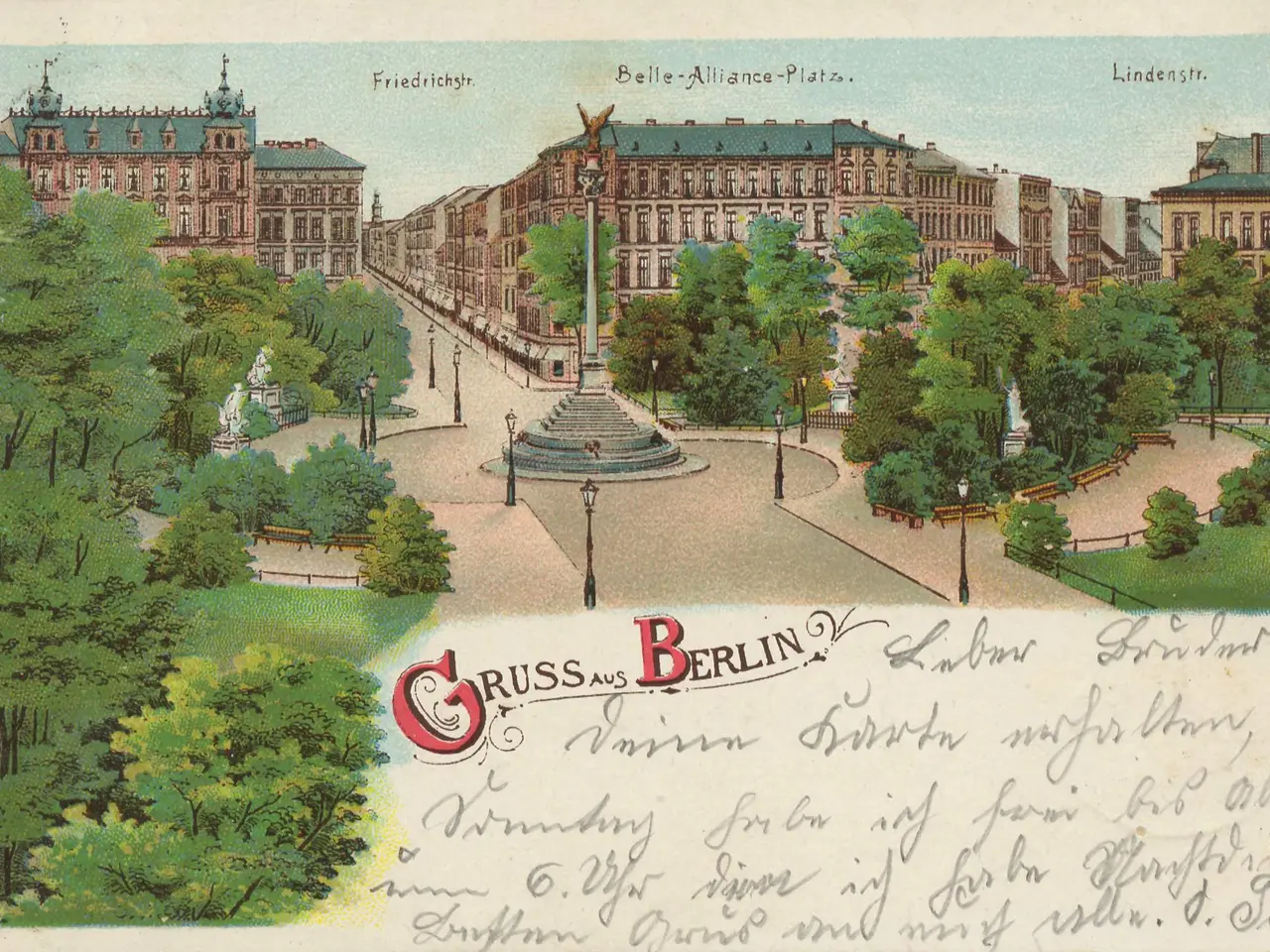 The image shows an old postcard with a picture of a park in Berlin, Germany. It features buildings,...