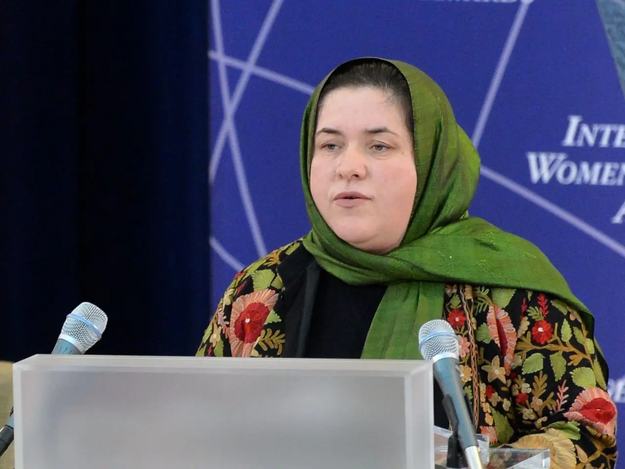 The image shows a woman standing at a podium in front of a microphone, with a board attached to the...