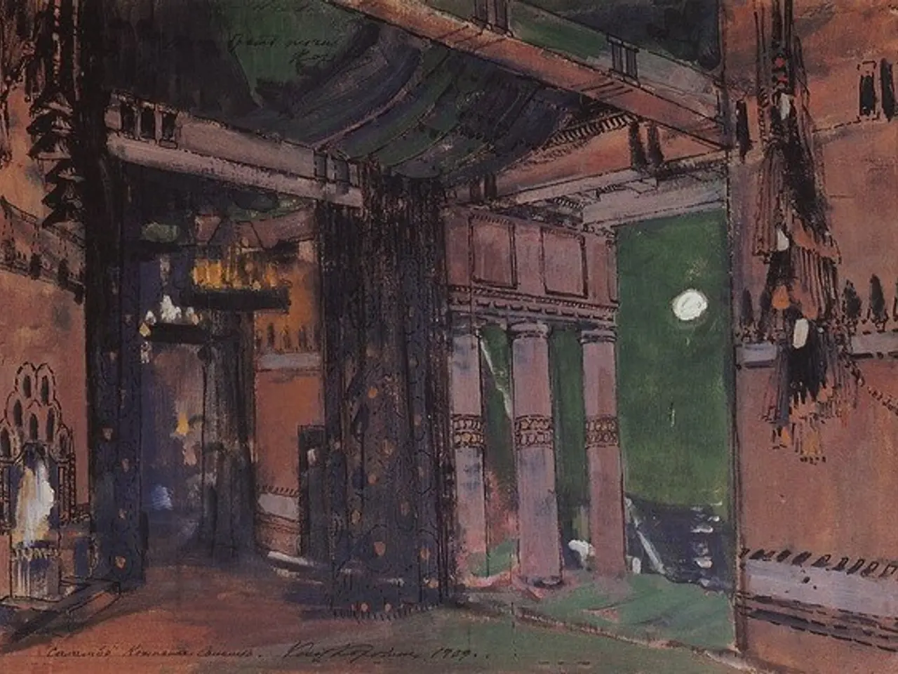 The image shows a painting of an interior of a building with a green door, pillars, walls, and a...
