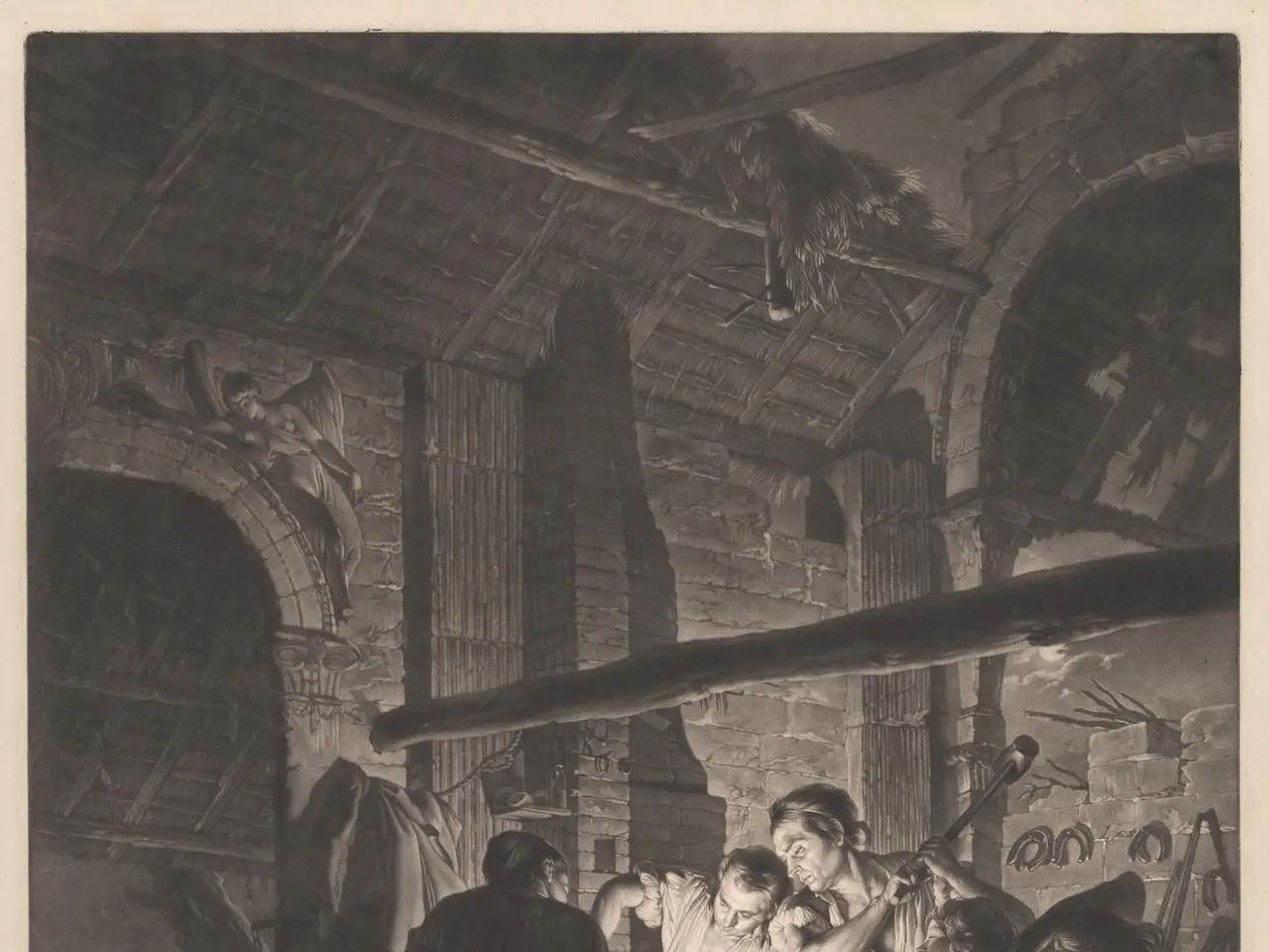 The image shows a blacksmith's shop, with a group of people standing on the floor, some of them...