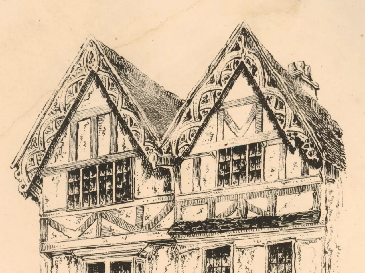 The image shows an old house in the high street of Oxford, England. It is a drawing of a building...