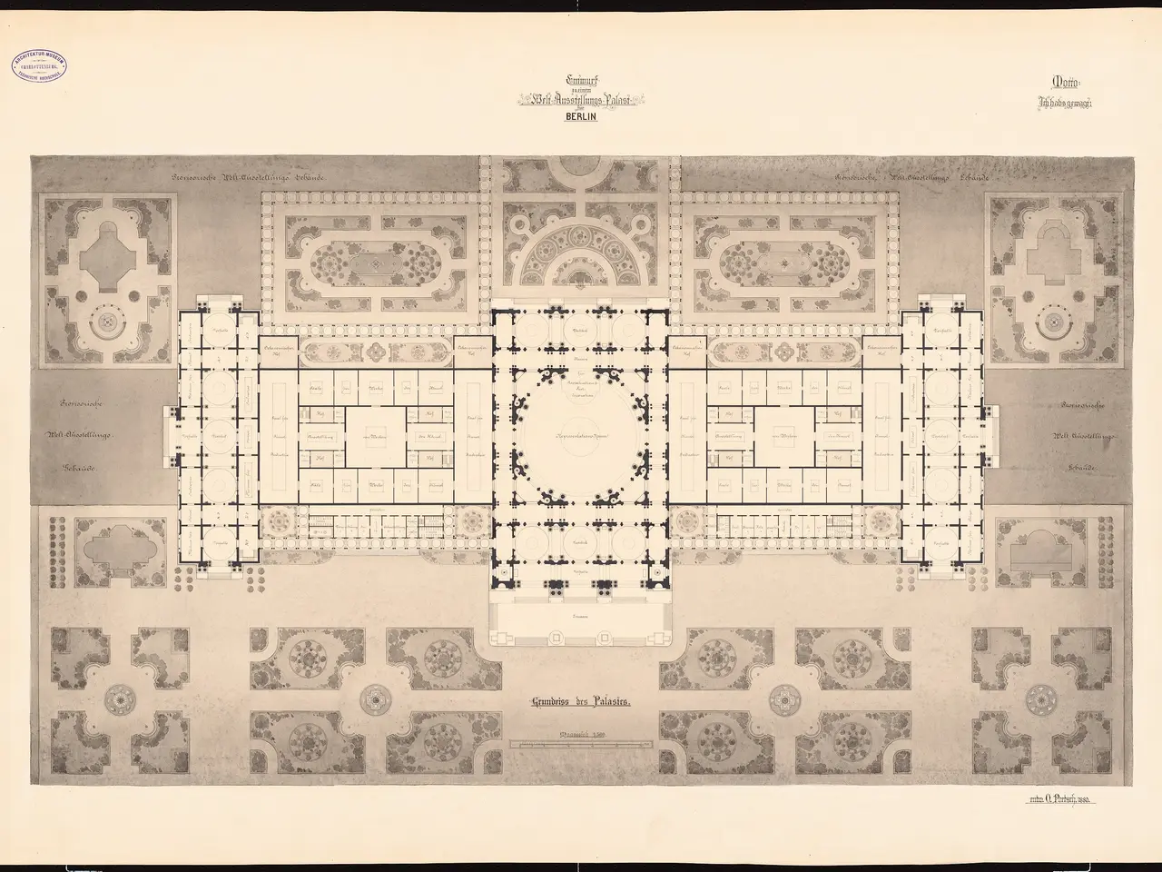The image shows a plan of a large building with a lot of rooms, including the ground floor plan of...