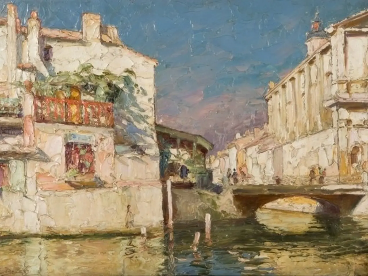 The image shows a painting of a canal in Venice, Italy, with buildings, a bridge, people, and a sky...