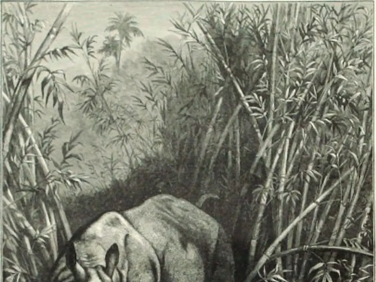 The image shows a black and white drawing of a rhinoceros and a tiger in the jungle, surrounded by...