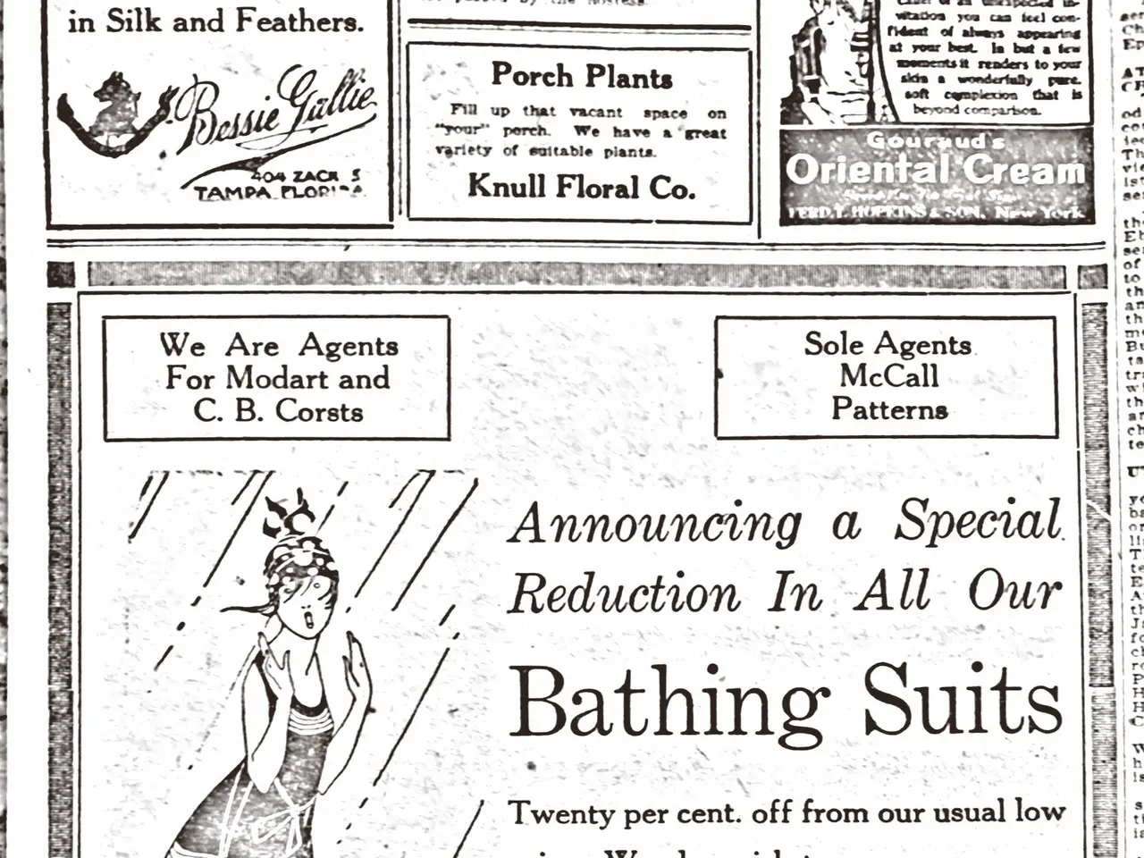 The image shows an advertisement for Steinberg & Company's bathing suits, featuring a woman in the...