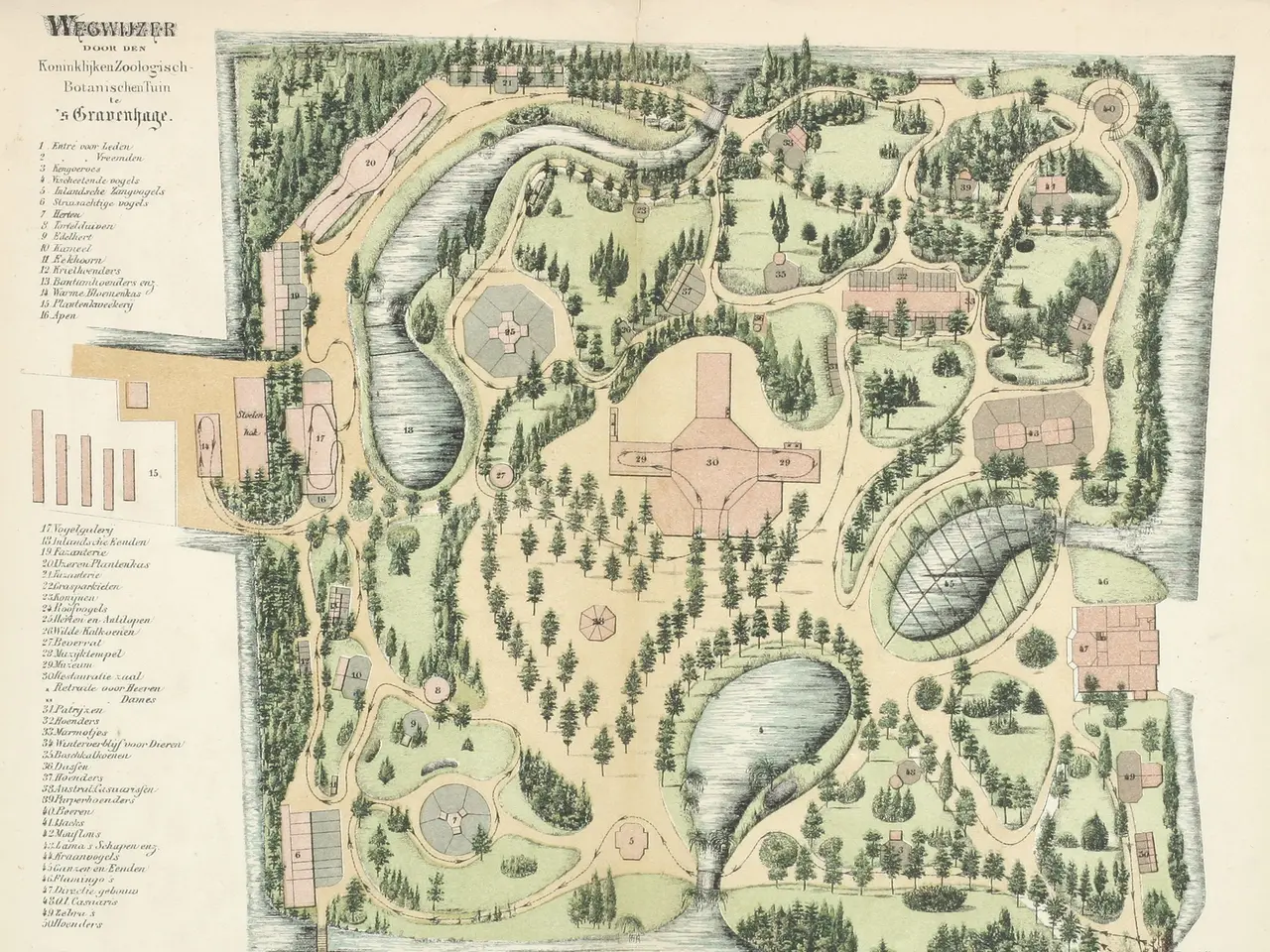 The image shows an old map of a park with a lot of trees, plants, and buildings, as well as text on...