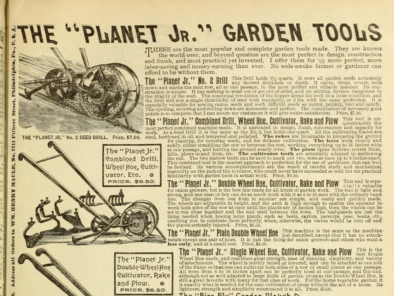 The image shows an open book with pictures of various garden tools and text written on it. The...