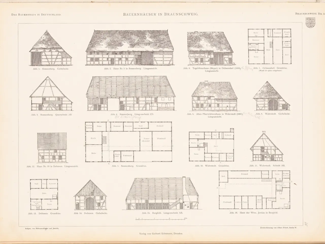 The image shows an old book with a drawing of various types of houses on it. The book is open to a...