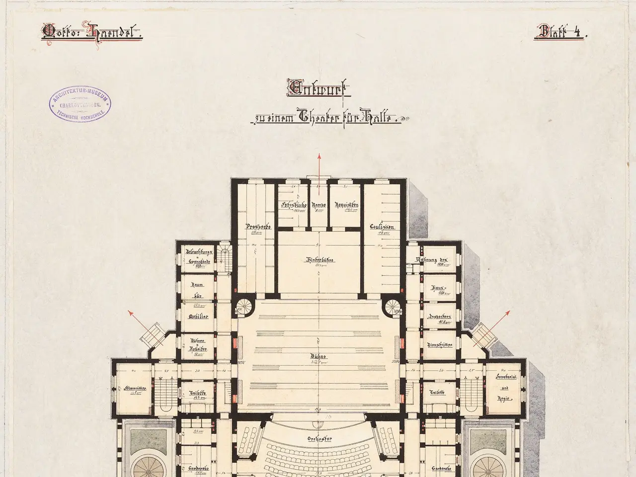 The image shows a drawing of a floor plan of a building with a lot of rooms, including a theater....