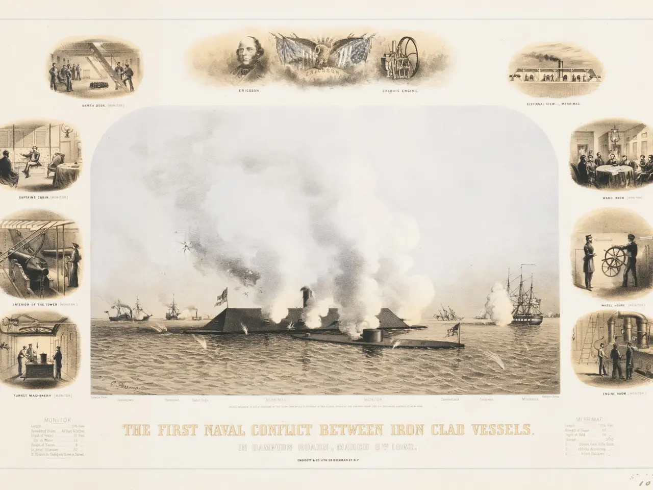The image shows a poster depicting the first naval conflict between ironclad vessels. It features...