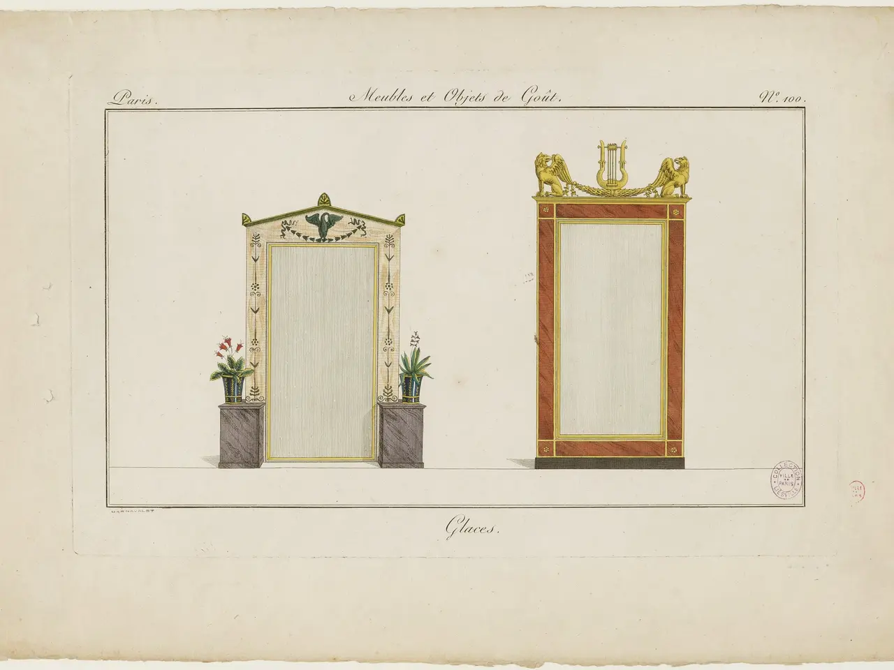 The image shows a drawing of a room with a mirror and a vase of flowers. The room is decorated with...