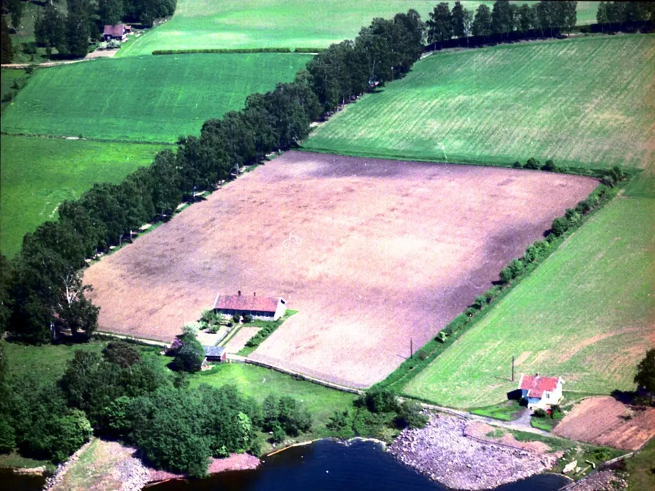 The image shows an aerial view of a farm with a lake in the foreground, surrounded by lush green...