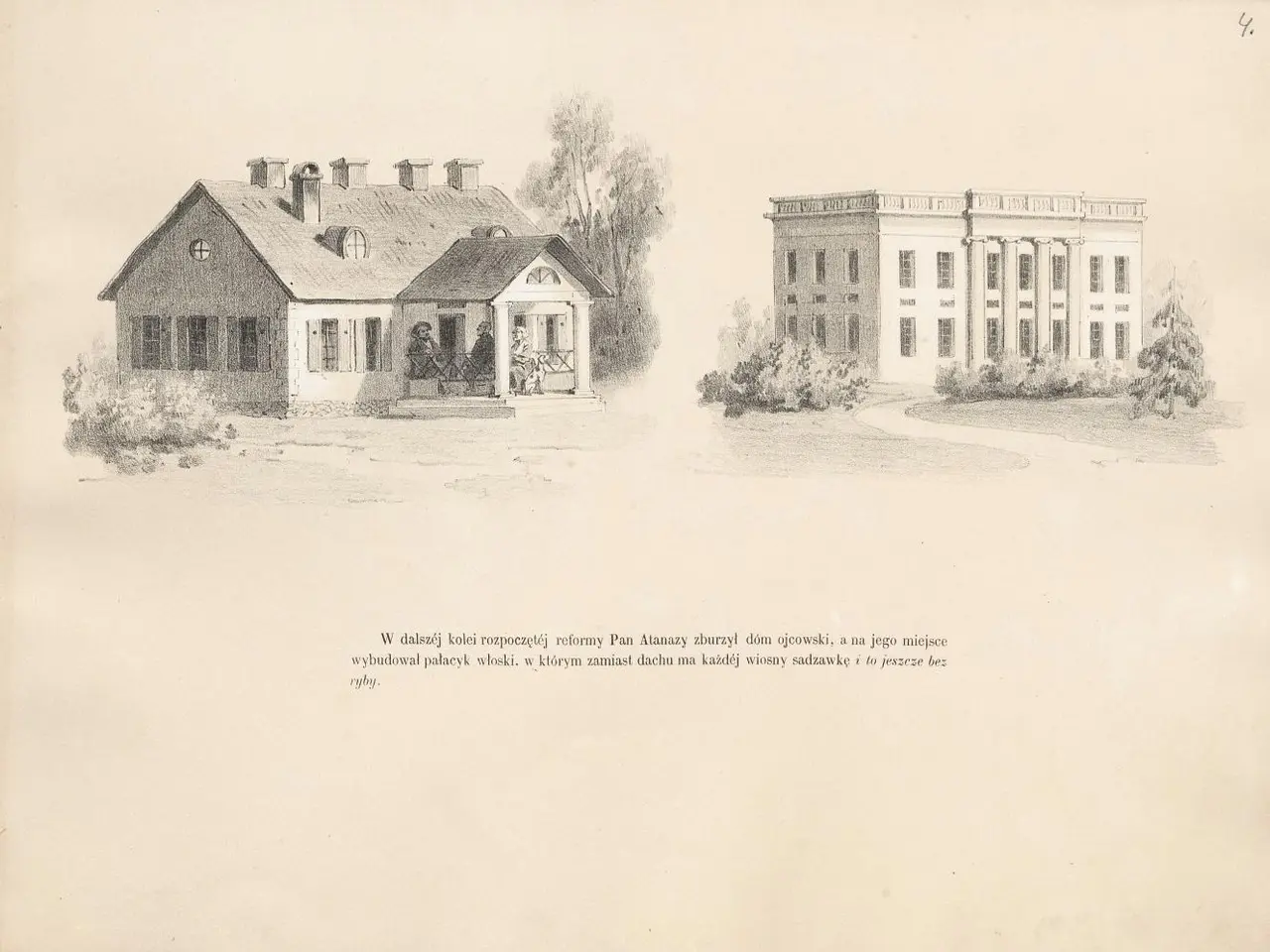 The image shows an old book with a drawing of a house in the middle of it, surrounded by trees and...