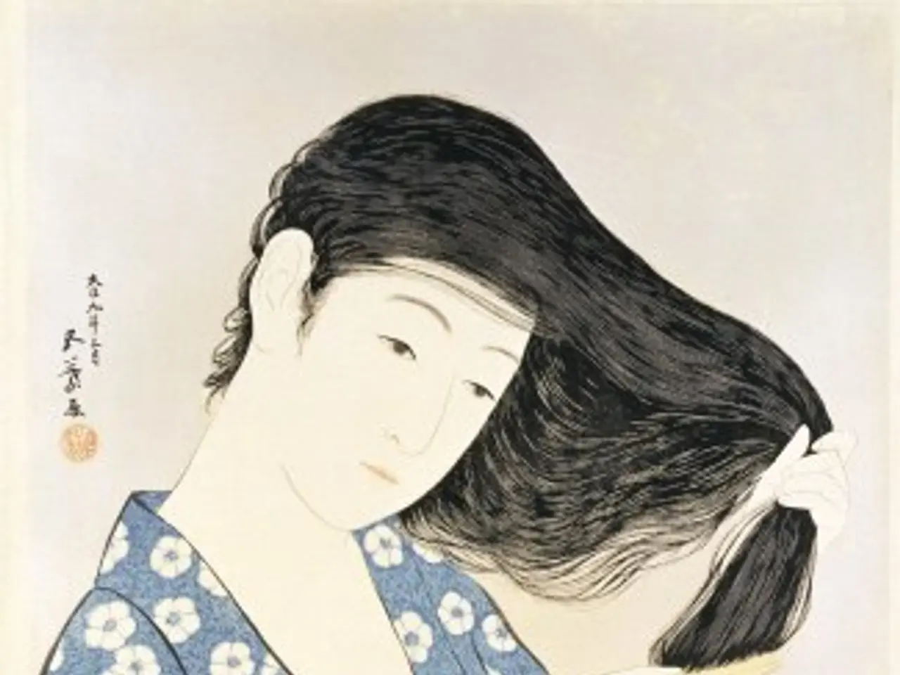 The image shows a Japanese woodblock print of a woman in a blue kimono combing her hair. She has...