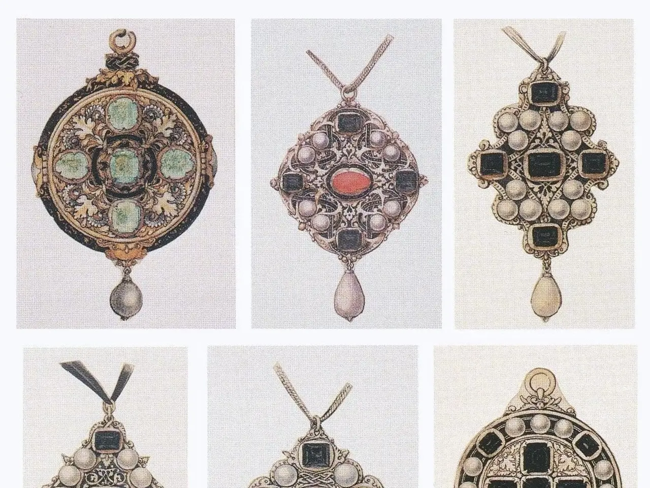 The image shows a page from a book with a variety of pendants, each with intricate designs and...