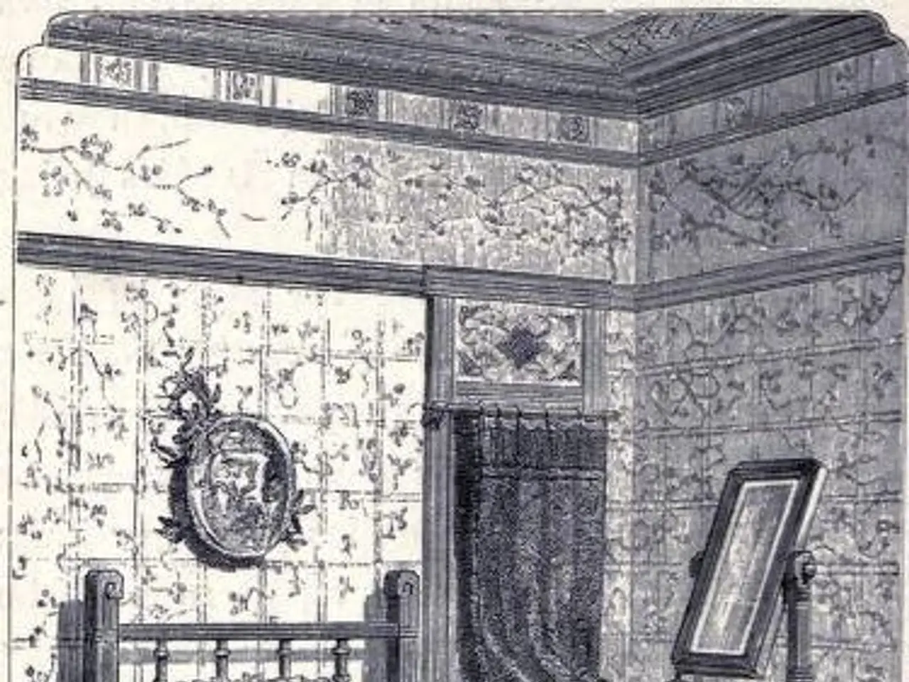 The image shows a black and white drawing of a bedroom with a bed adorned with pillows, a table...