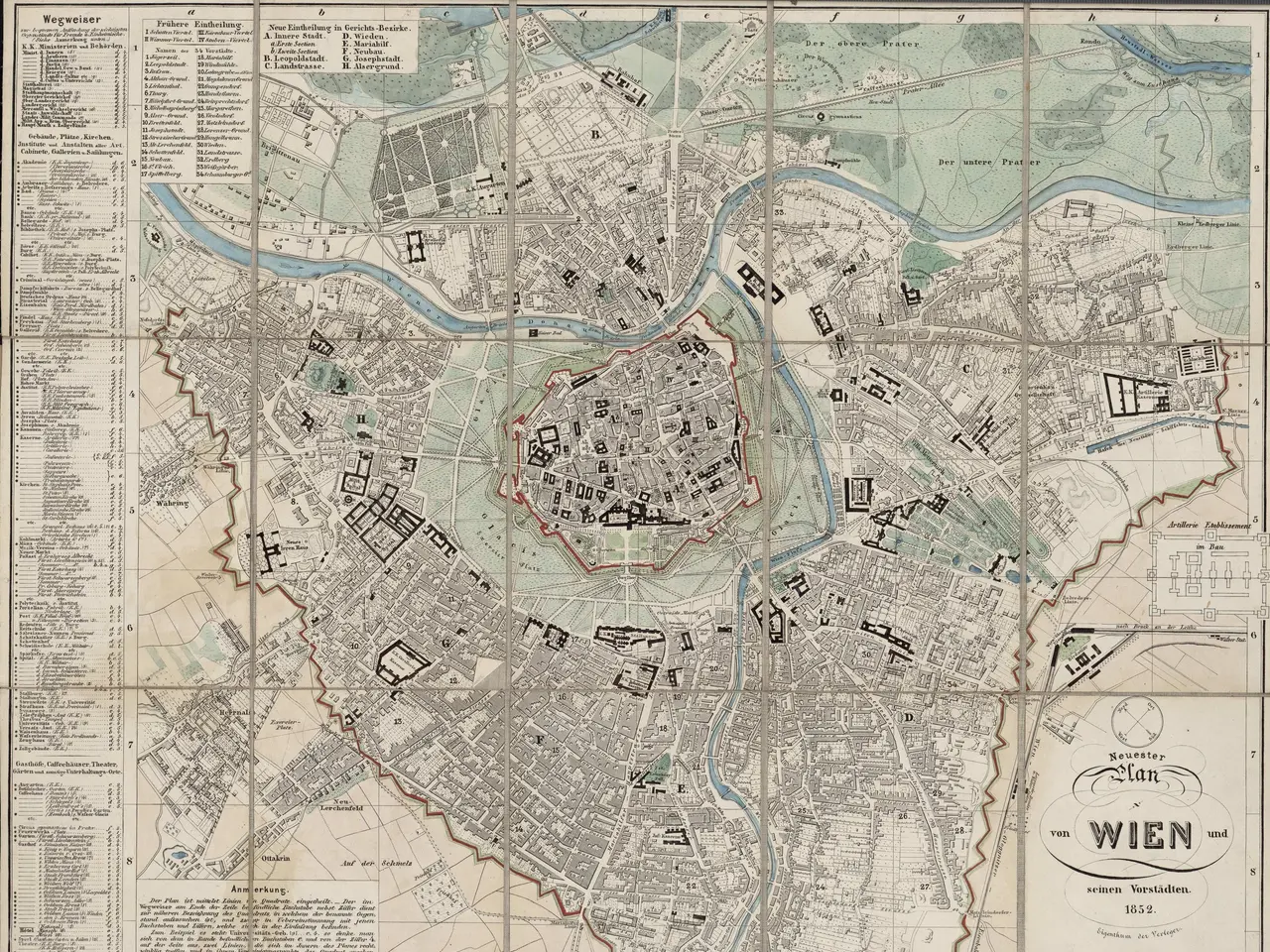 The image shows an old map of the city of Vienna, Austria from 1852. It is a detailed map with text...