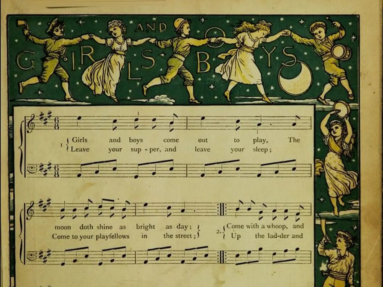 The image shows a paper with a picture of a group of children dancing joyfully, accompanied by a...
