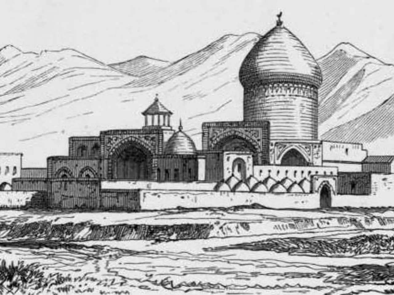 The image shows a black and white drawing of a building in the middle of a field, surrounded by...