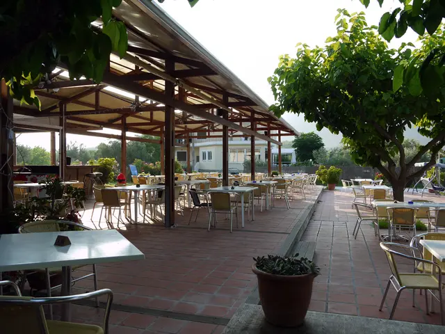 In this image I can see number of chairs and number of tables. I can also see few trees and a...