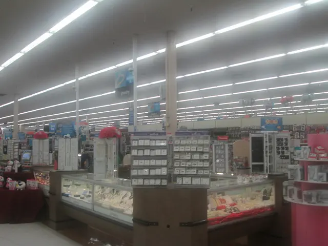 In this image there are a few items on the display and on the aisle of a departmental store. There...